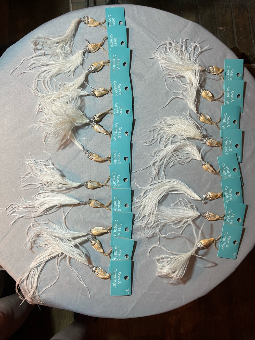 Seas and Greetings: White Feather Tassel w/ Seashell Christmas Ornaments - Lot